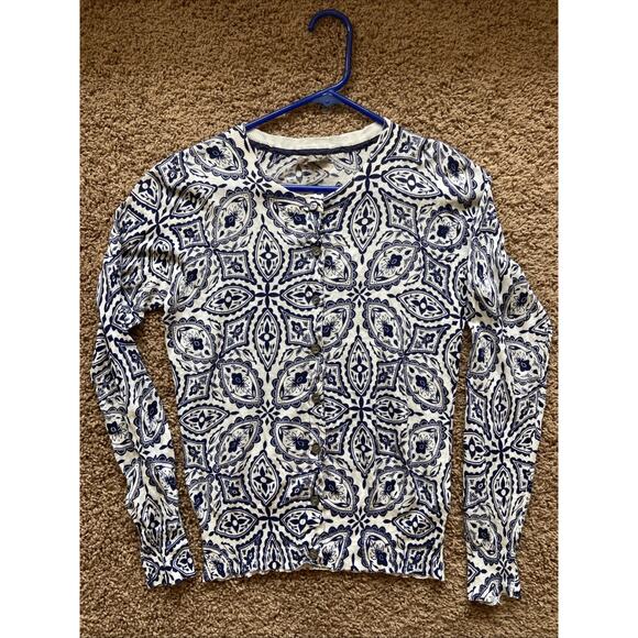 Jigsaw White Allover Navy Blue Floral Geometric Button Front Cardigan Sweater - Picture 1 of 10